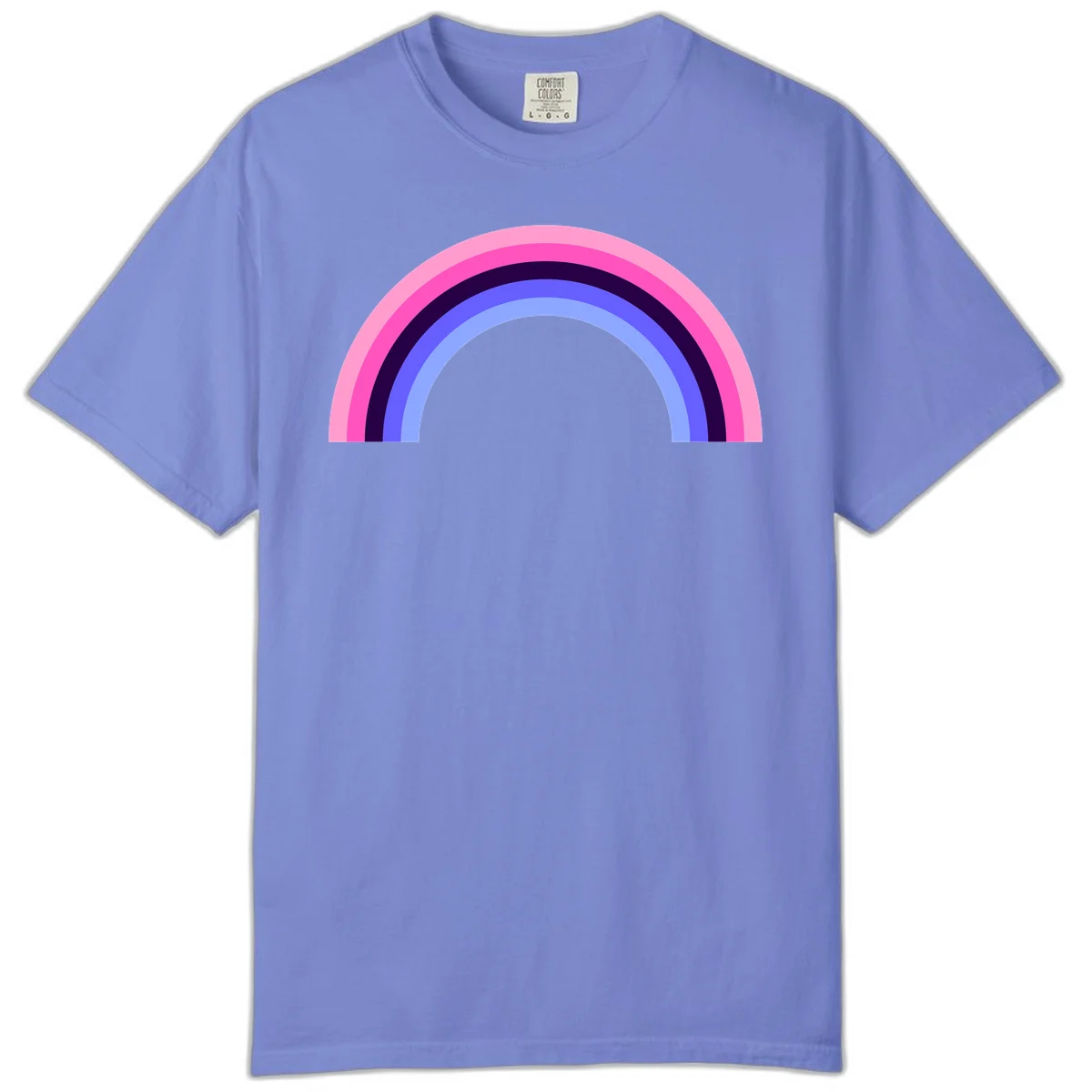 Pastel rainbow arc with five concentric colored stripes in pink, navy, blue and light blue on gray background in Flo Blue
