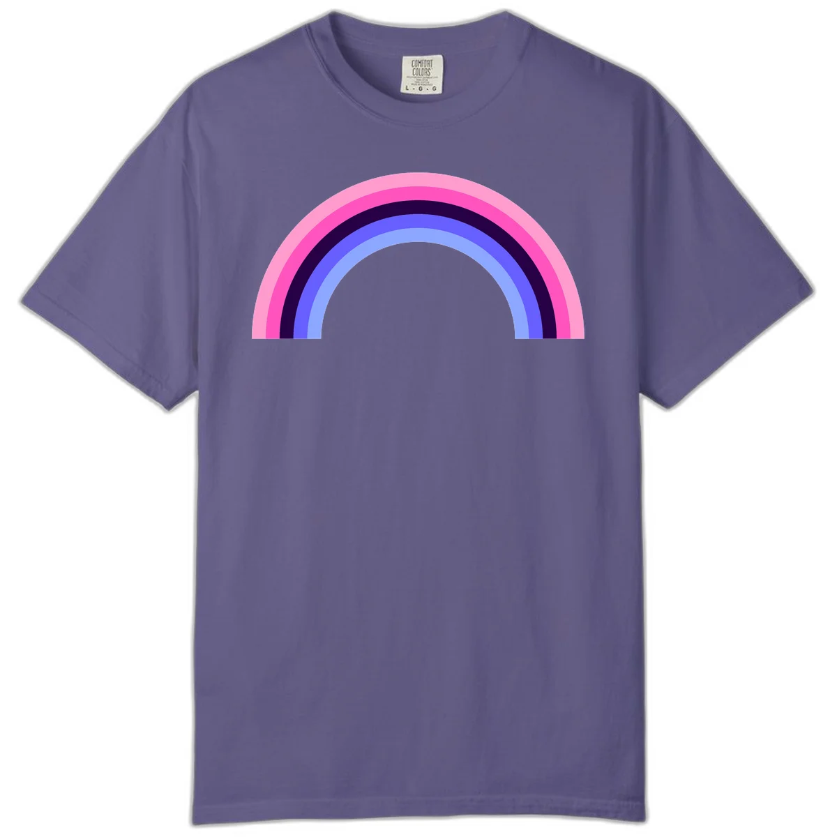 Pastel rainbow arc with five concentric colored stripes in pink, navy, blue and light blue on gray background in Grape