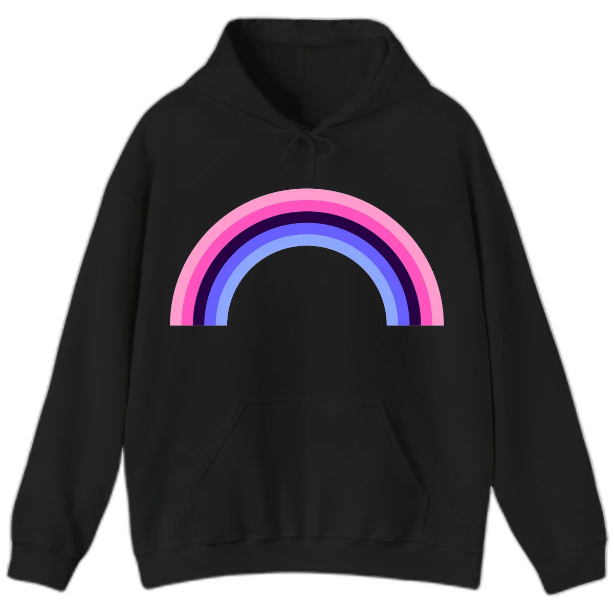 Pastel rainbow arc with five concentric colored stripes in pink, navy, blue and light blue on gray background in Black