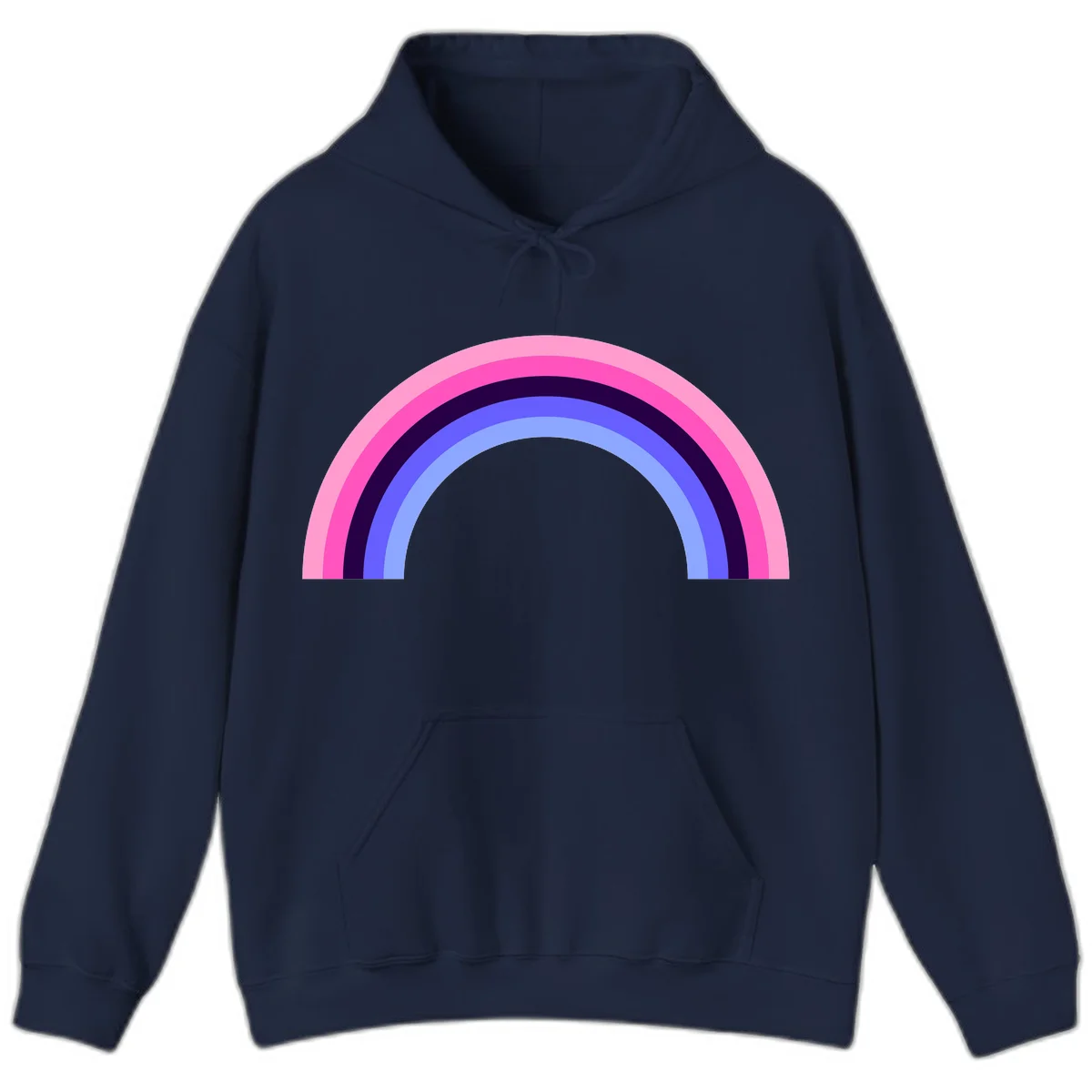 Pastel rainbow arc with five concentric colored stripes in pink, navy, blue and light blue on gray background in Navy