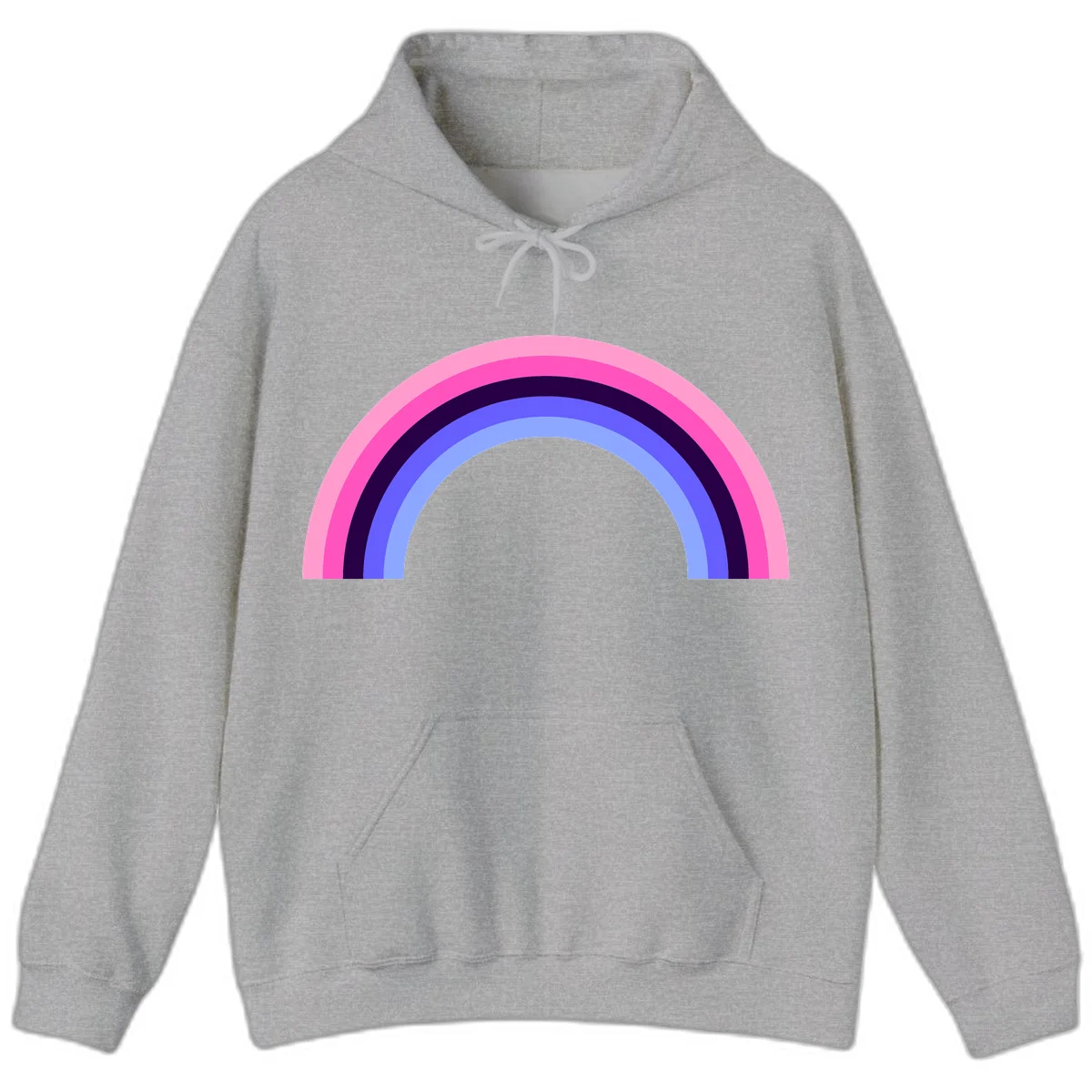 Pastel rainbow arc with five concentric colored stripes in pink, navy, blue and light blue on gray background in Sport Grey