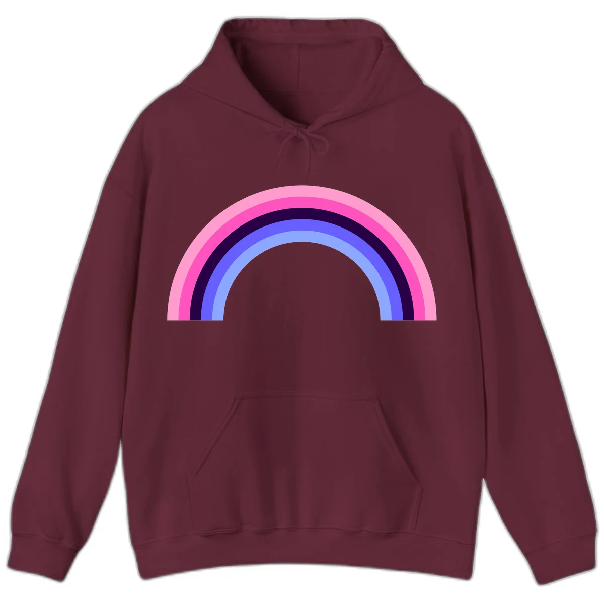 Pastel rainbow arc with five concentric colored stripes in pink, navy, blue and light blue on gray background in Maroon