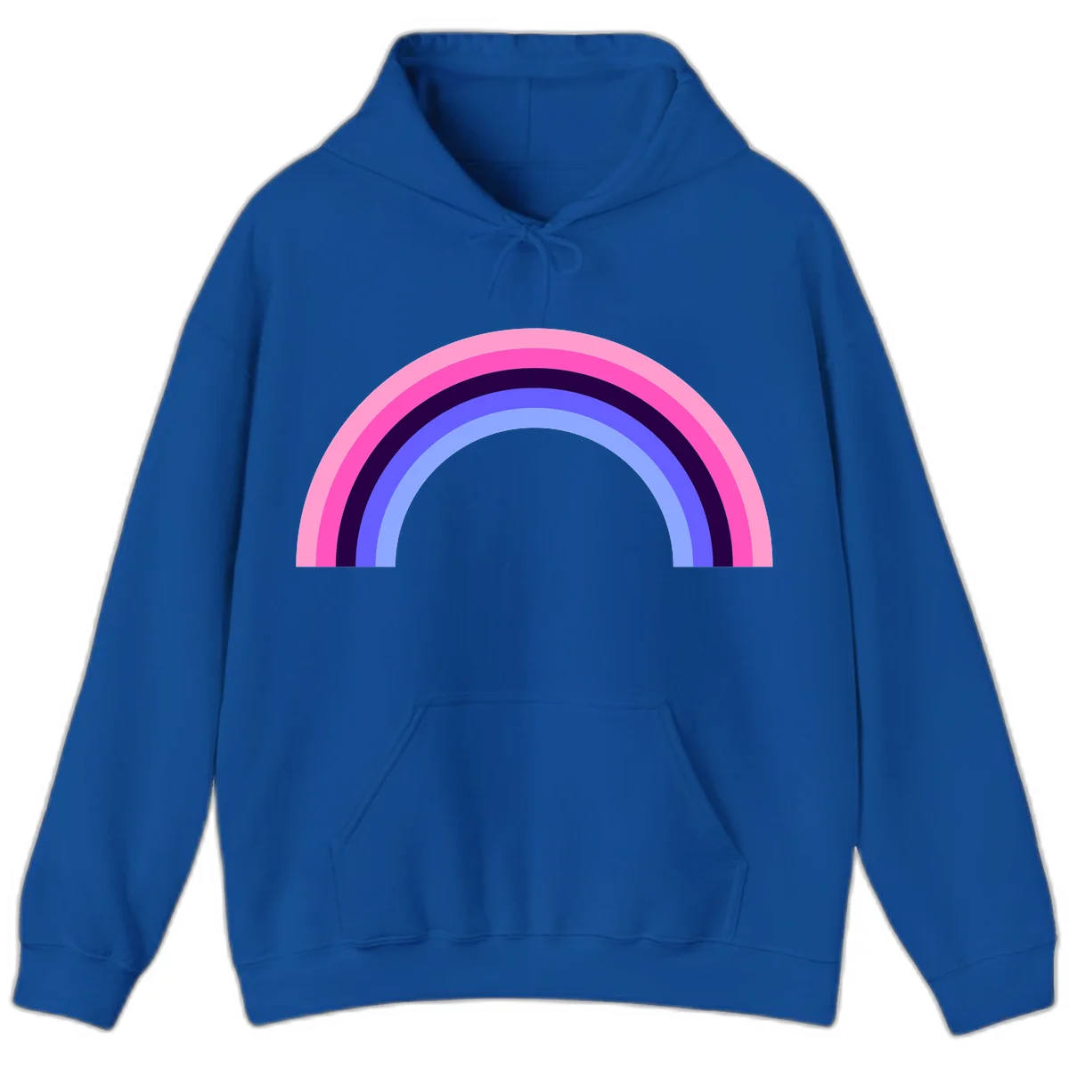 Pastel rainbow arc with five concentric colored stripes in pink, navy, blue and light blue on gray background in Royal