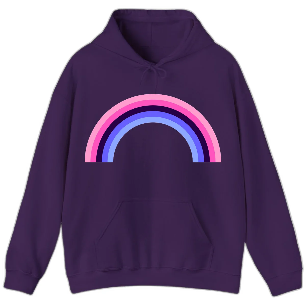 Pastel rainbow arc with five concentric colored stripes in pink, navy, blue and light blue on gray background in Purple
