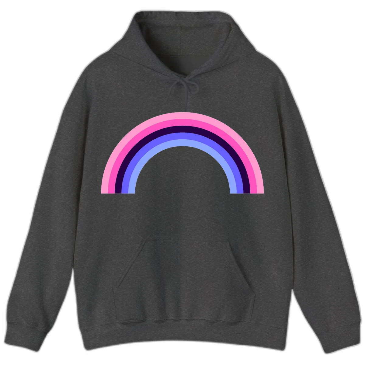 Pastel rainbow arc with five concentric colored stripes in pink, navy, blue and light blue on gray background in Dark Heather
