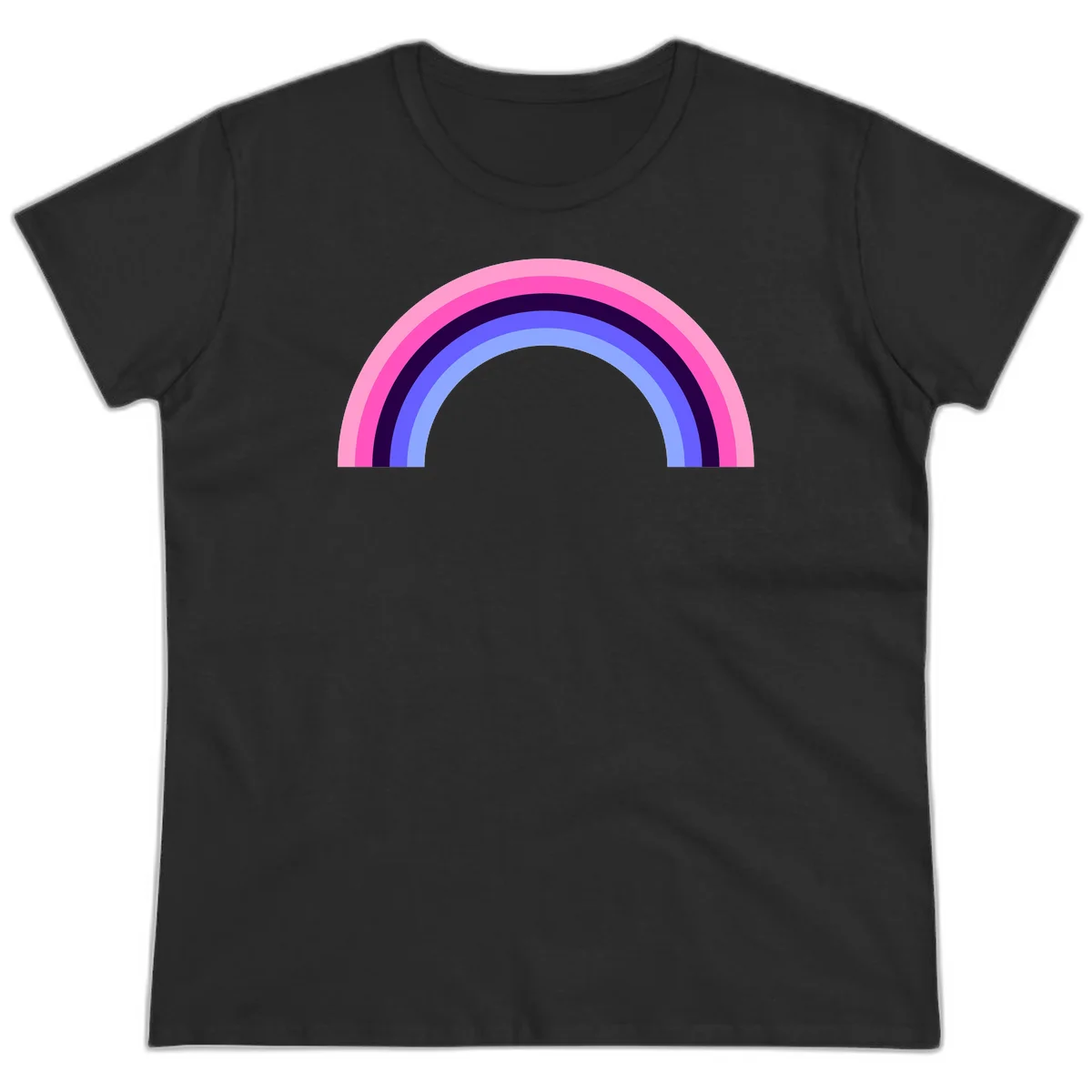 Pastel rainbow arc with five concentric colored stripes in pink, navy, blue and light blue on gray background in Black