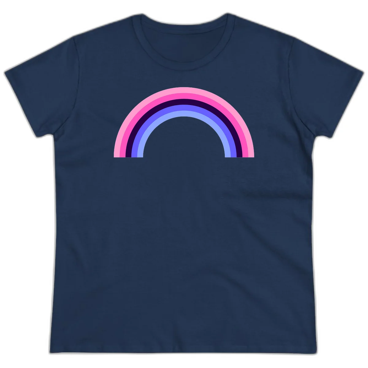 Pastel rainbow arc with five concentric colored stripes in pink, navy, blue and light blue on gray background in Navy