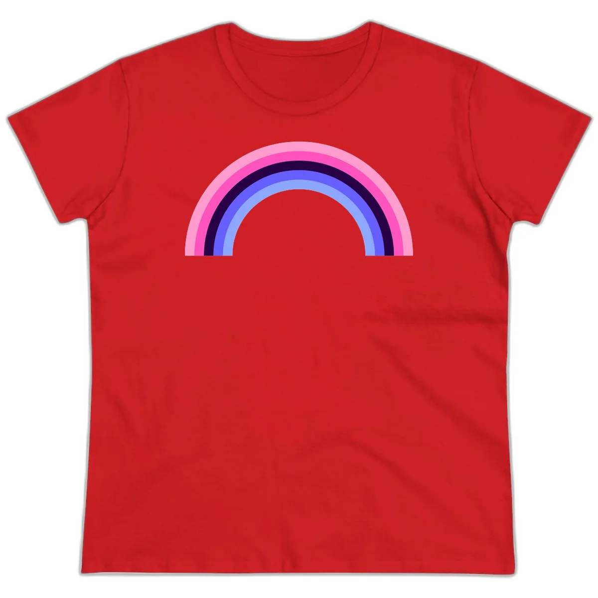 Pastel rainbow arc with five concentric colored stripes in pink, navy, blue and light blue on gray background in Red