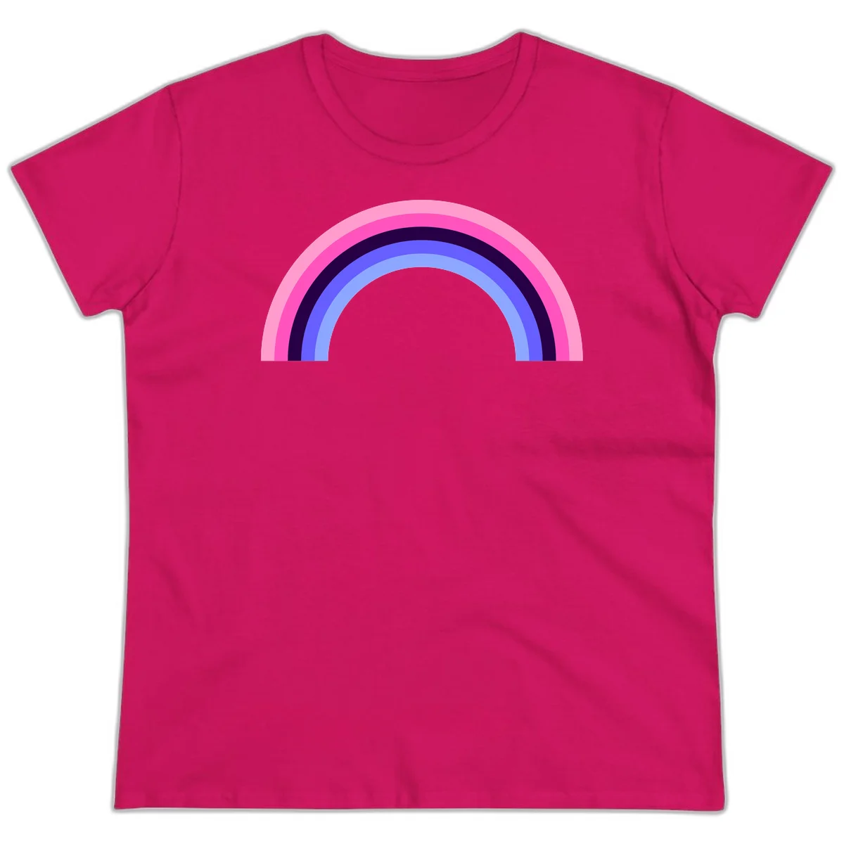 Pastel rainbow arc with five concentric colored stripes in pink, navy, blue and light blue on gray background in Heliconia