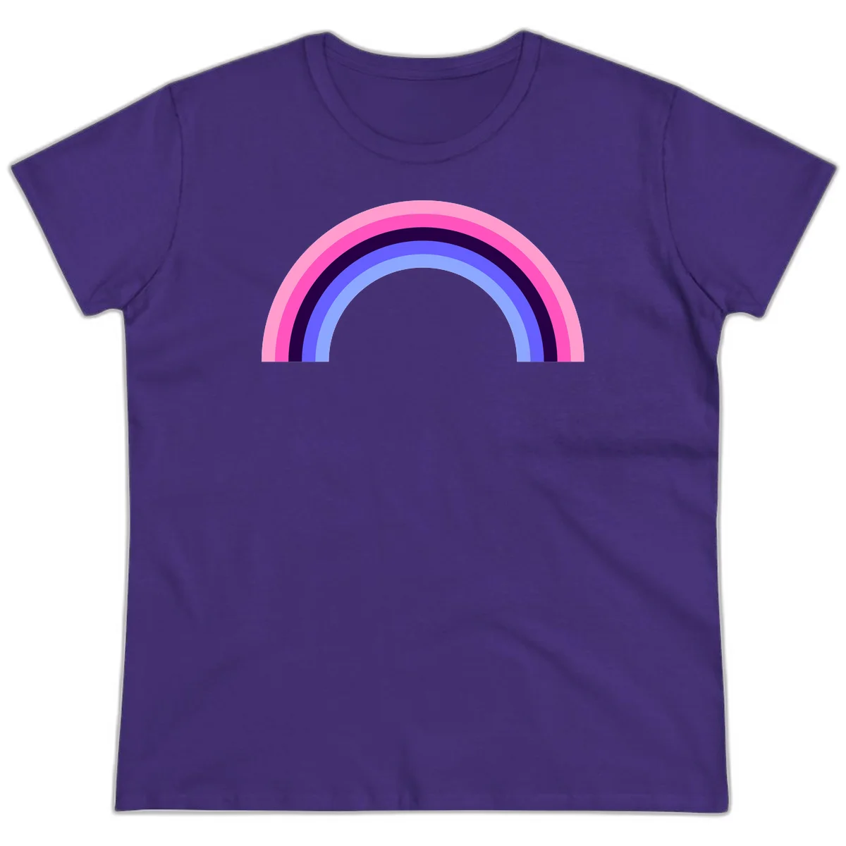 Pastel rainbow arc with five concentric colored stripes in pink, navy, blue and light blue on gray background in Purple