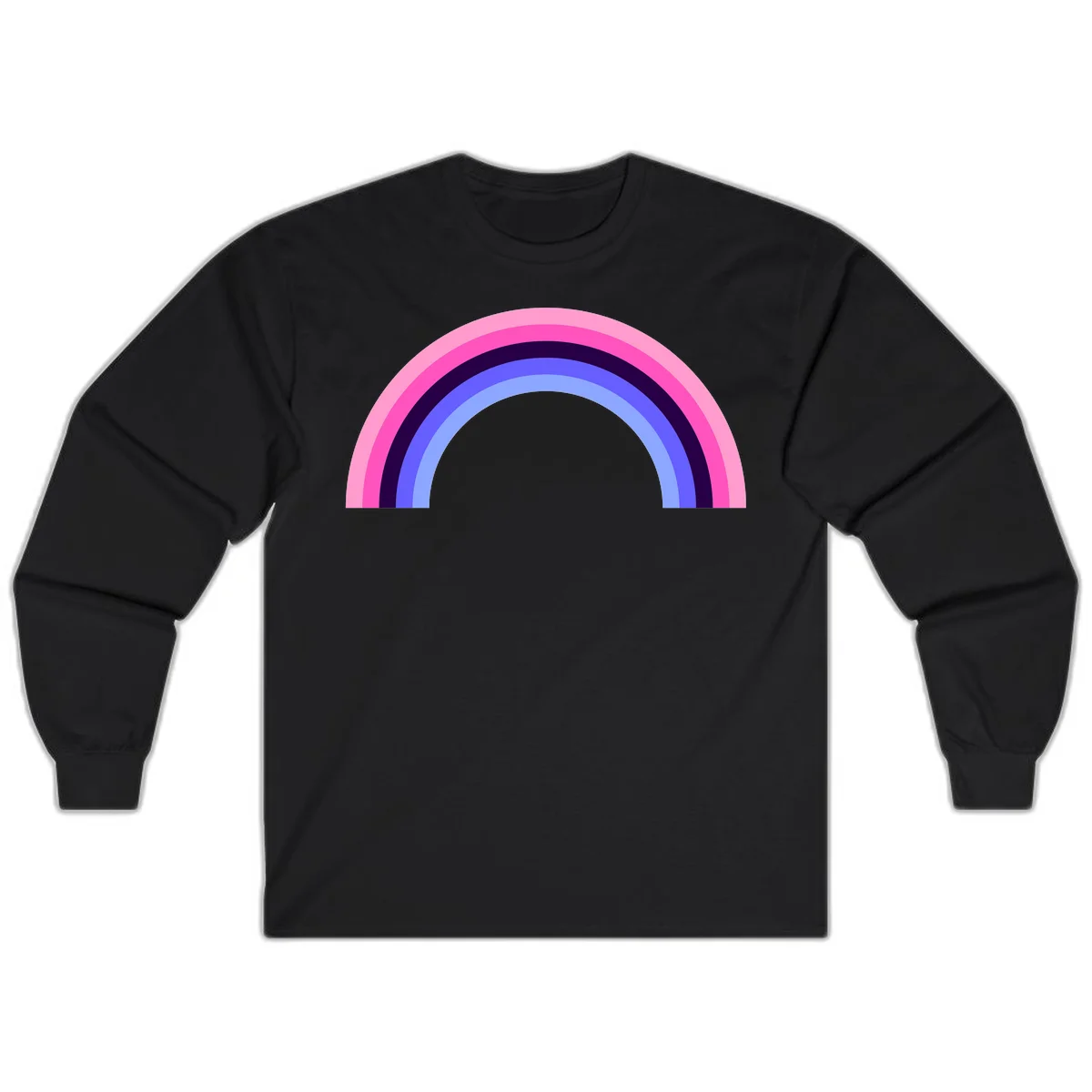 Pastel rainbow arc with five concentric colored stripes in pink, navy, blue and light blue on gray background in Black