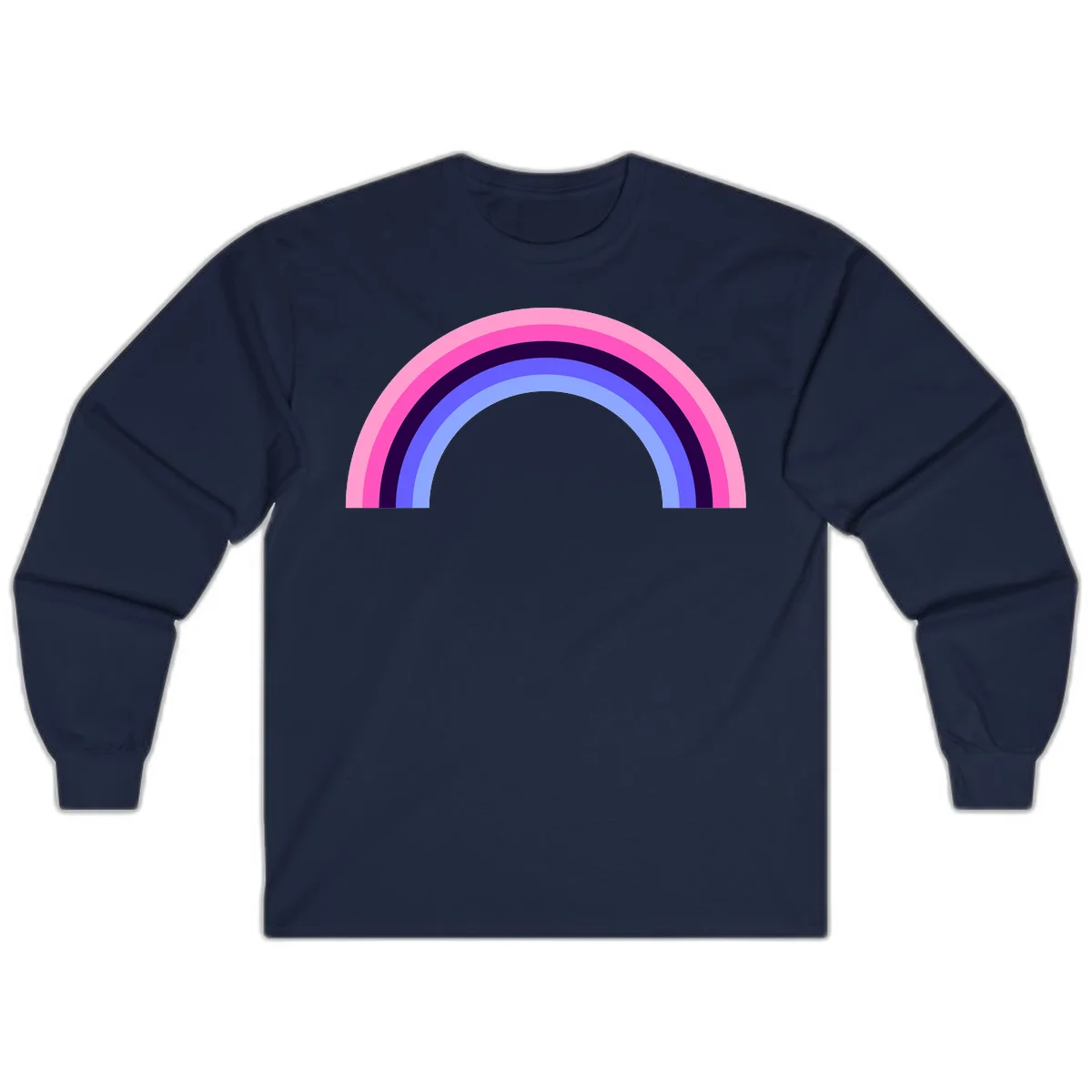 Pastel rainbow arc with five concentric colored stripes in pink, navy, blue and light blue on gray background in Navy