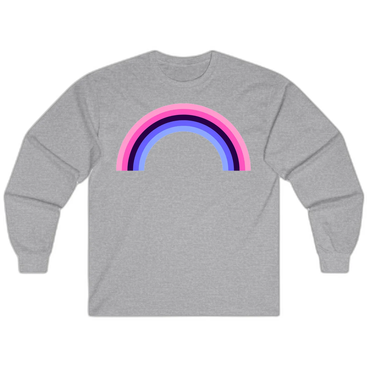 Pastel rainbow arc with five concentric colored stripes in pink, navy, blue and light blue on gray background in Sport Grey
