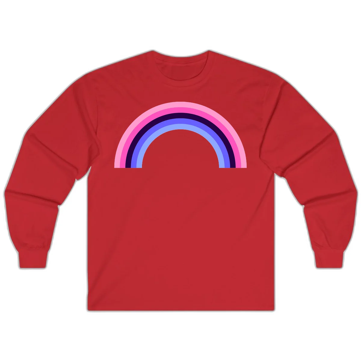 Pastel rainbow arc with five concentric colored stripes in pink, navy, blue and light blue on gray background in Red