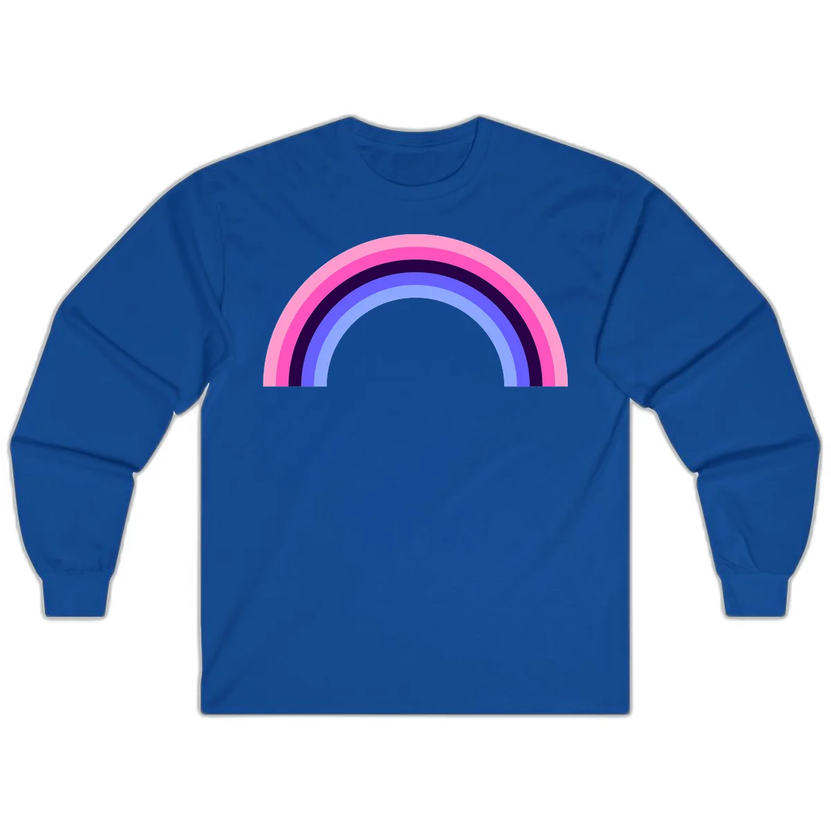 Pastel rainbow arc with five concentric colored stripes in pink, navy, blue and light blue on gray background in Royal