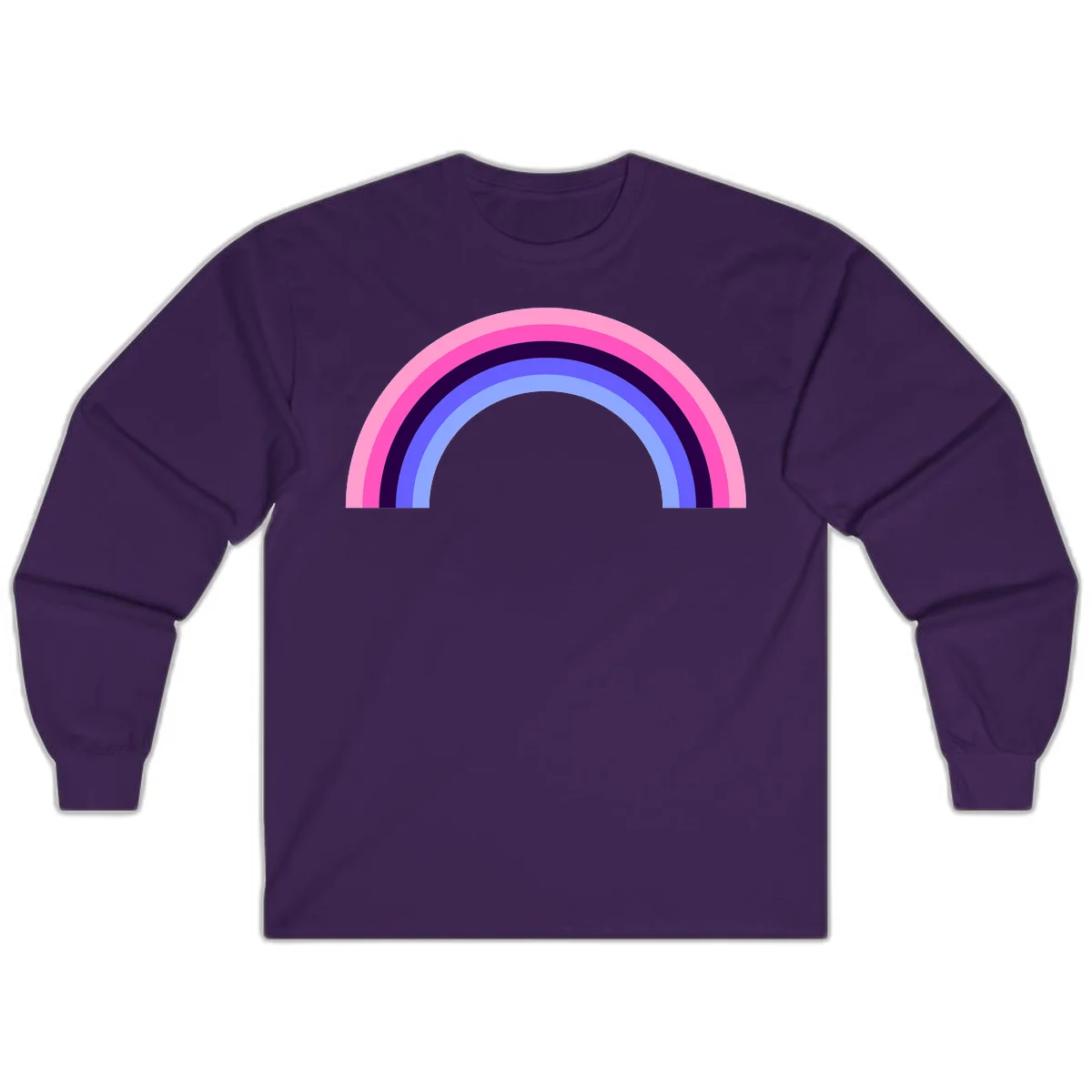 Pastel rainbow arc with five concentric colored stripes in pink, navy, blue and light blue on gray background in Purple