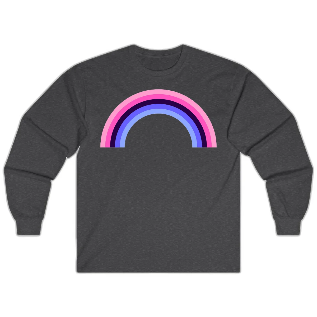 Pastel rainbow arc with five concentric colored stripes in pink, navy, blue and light blue on gray background in Dark Heather
