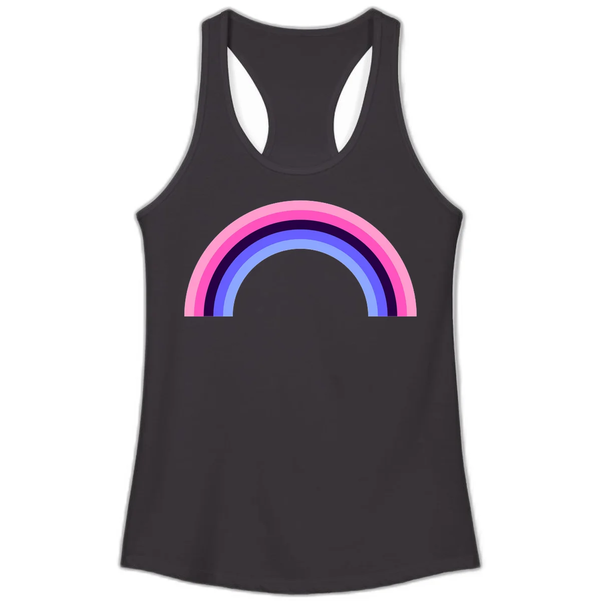 Pastel rainbow arc with five concentric colored stripes in pink, navy, blue and light blue on gray background in Black
