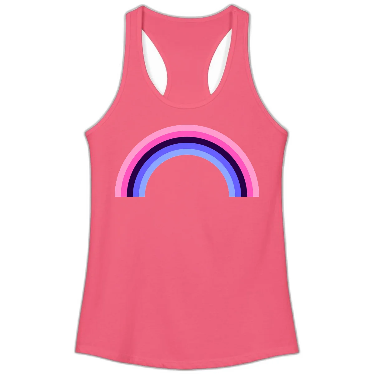 Pastel rainbow arc with five concentric colored stripes in pink, navy, blue and light blue on gray background in Hot Pink