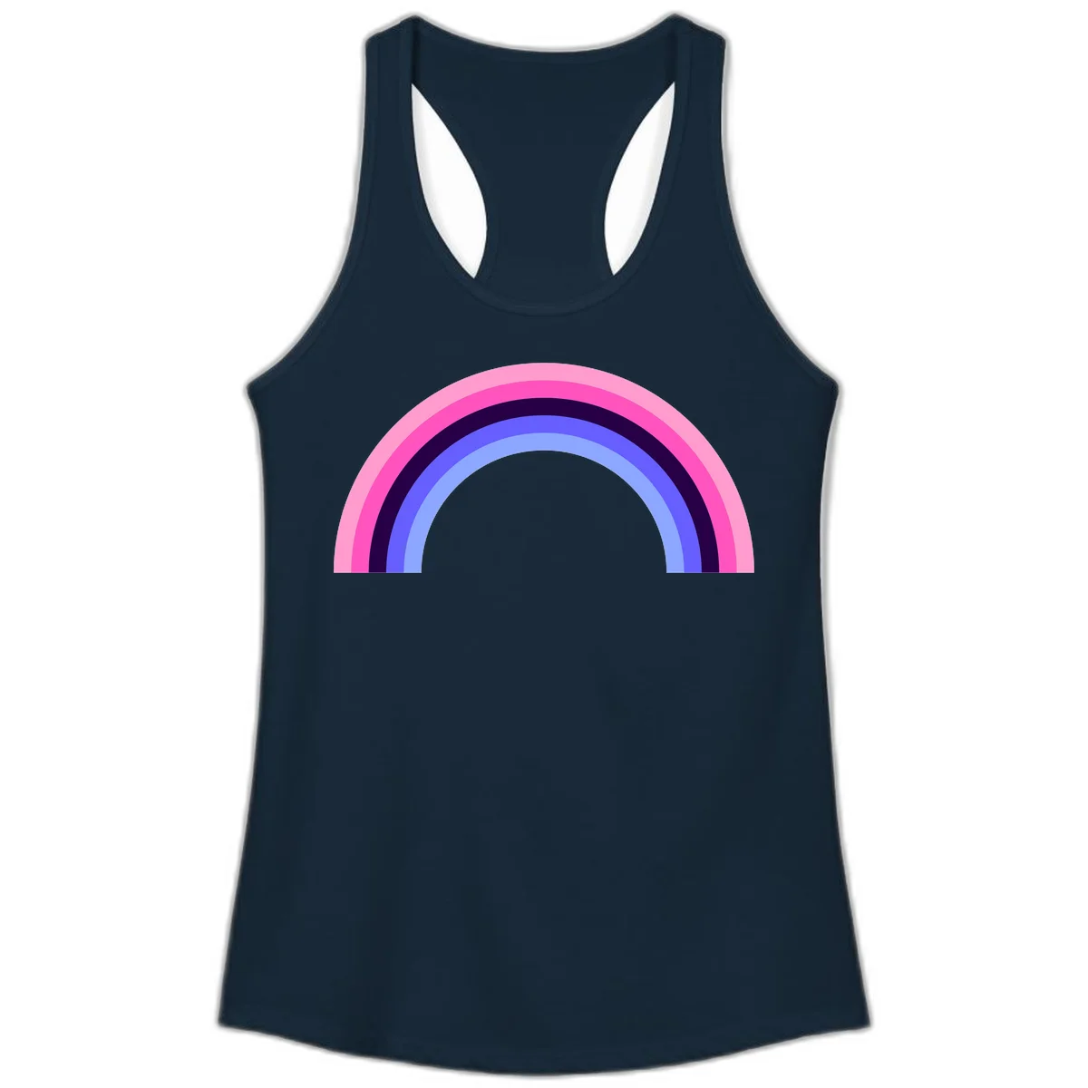Pastel rainbow arc with five concentric colored stripes in pink, navy, blue and light blue on gray background in Solid Midnight Navy