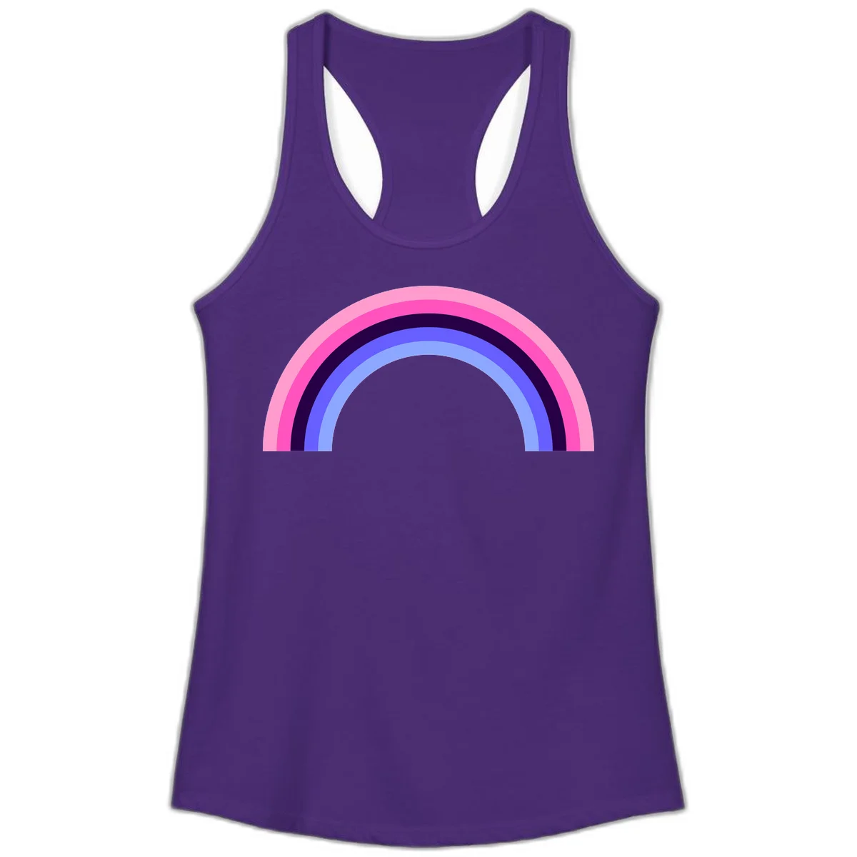 Pastel rainbow arc with five concentric colored stripes in pink, navy, blue and light blue on gray background in Solid Purple Rush