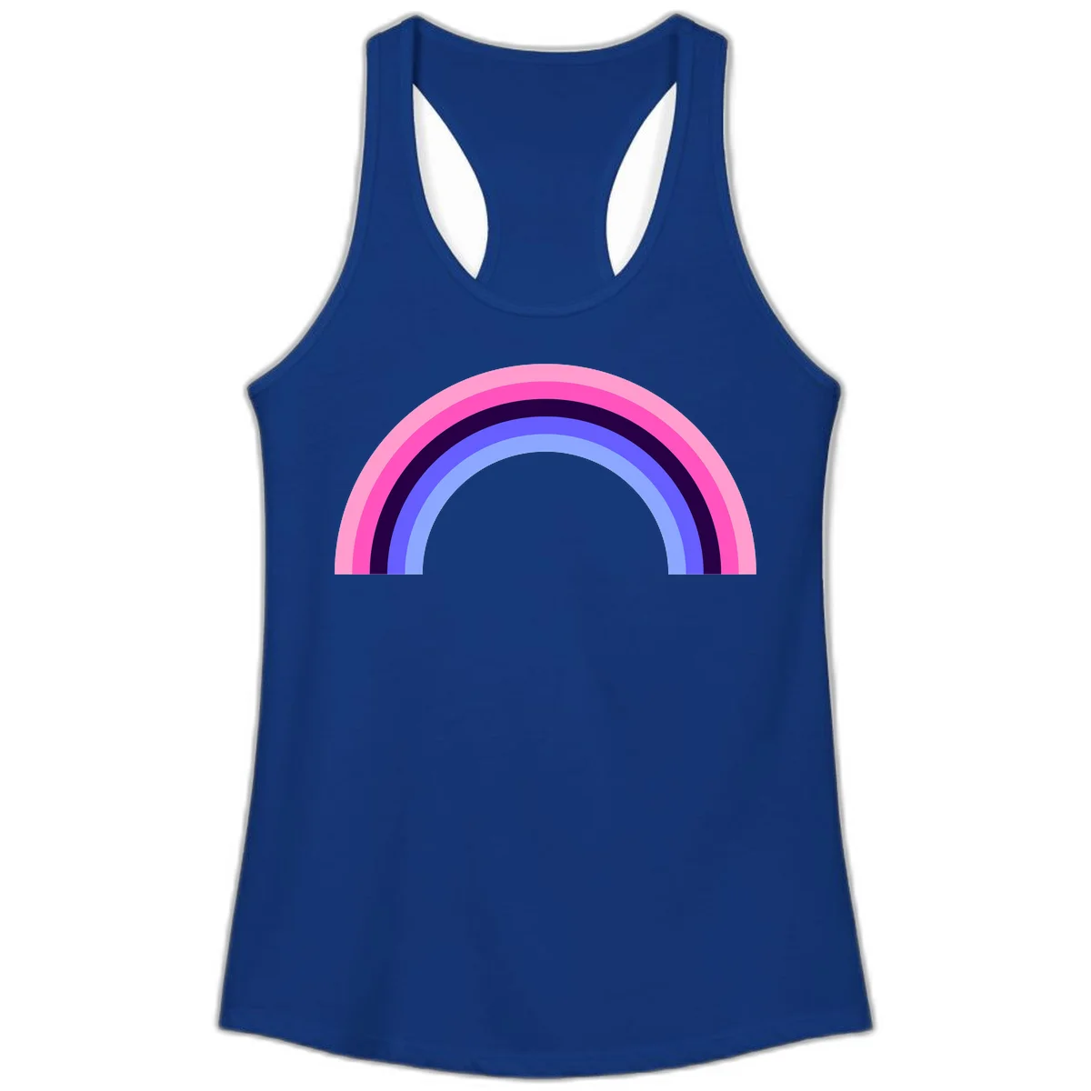 Pastel rainbow arc with five concentric colored stripes in pink, navy, blue and light blue on gray background in Solid Royal