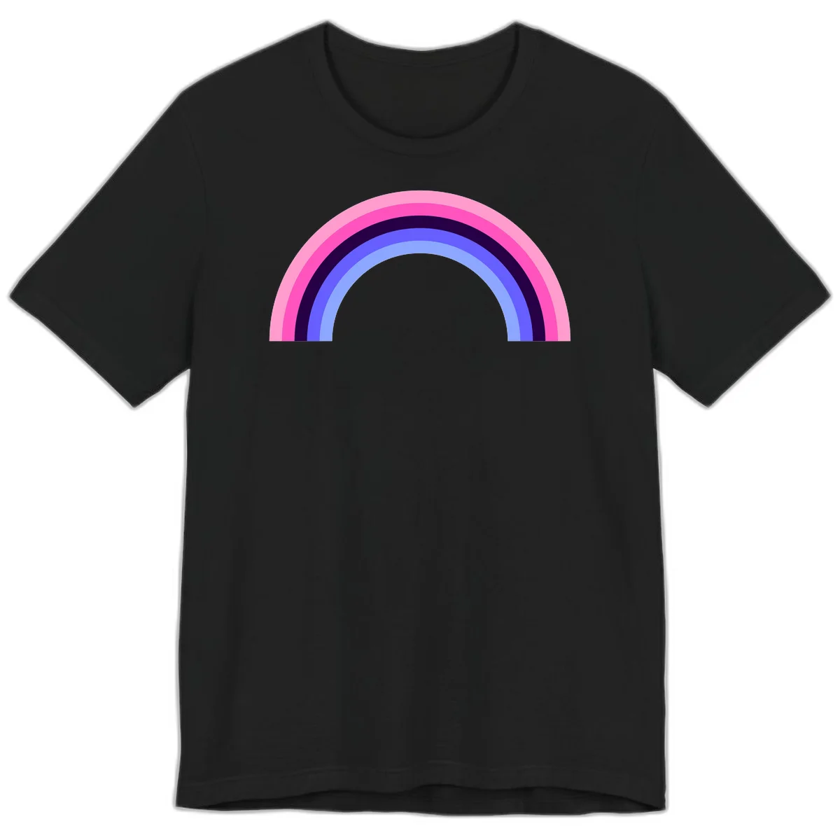 Pastel rainbow arc with five concentric colored stripes in pink, navy, blue and light blue on gray background in Black