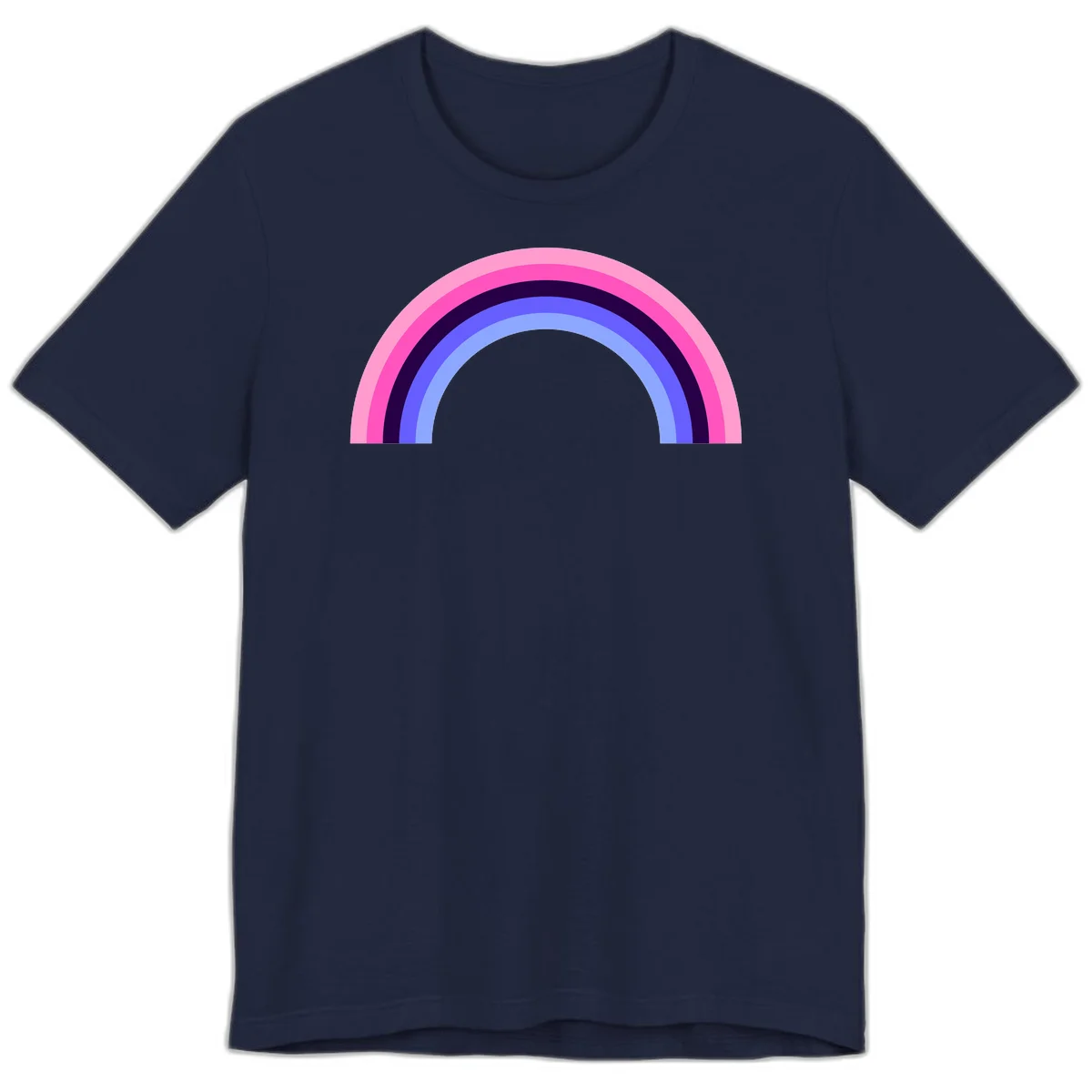 Pastel rainbow arc with five concentric colored stripes in pink, navy, blue and light blue on gray background in Navy