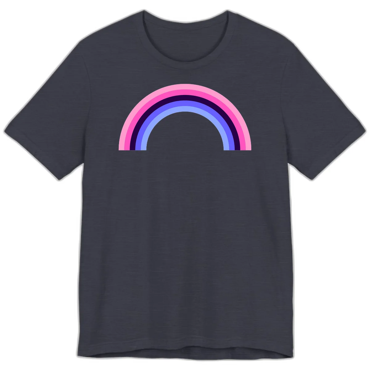 Pastel rainbow arc with five concentric colored stripes in pink, navy, blue and light blue on gray background in Heather Midnight Navy
