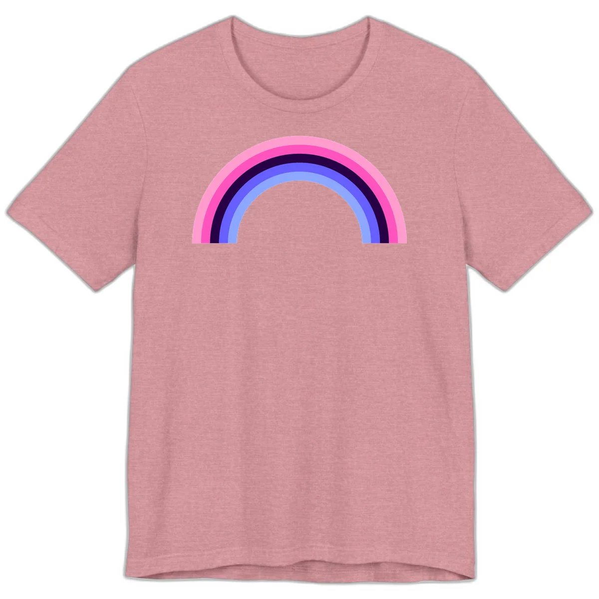 Pastel rainbow arc with five concentric colored stripes in pink, navy, blue and light blue on gray background in Heather Orchid