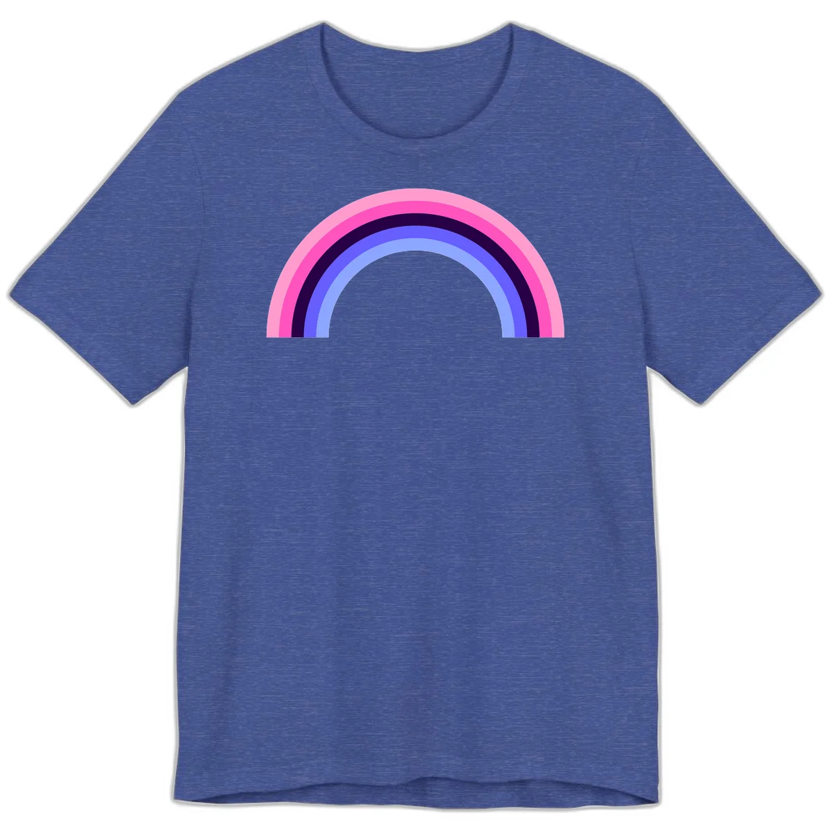 Pastel rainbow arc with five concentric colored stripes in pink, navy, blue and light blue on gray background in Heather True Royal
