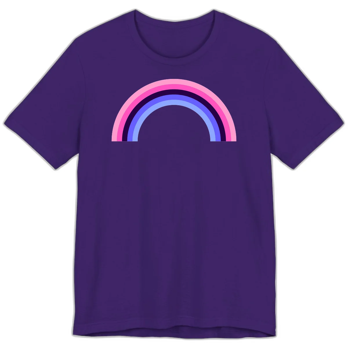 Pastel rainbow arc with five concentric colored stripes in pink, navy, blue and light blue on gray background in Team Purple