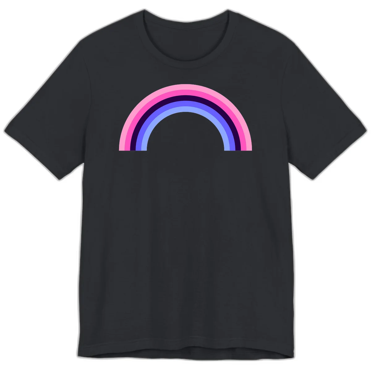Pastel rainbow arc with five concentric colored stripes in pink, navy, blue and light blue on gray background in Vintage Black