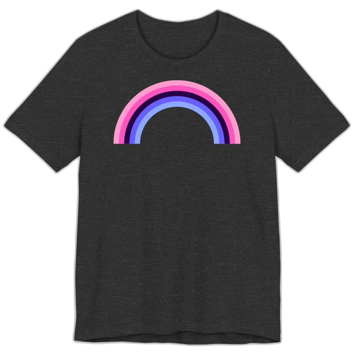 Pastel rainbow arc with five concentric colored stripes in pink, navy, blue and light blue on gray background in Dark Grey Heather