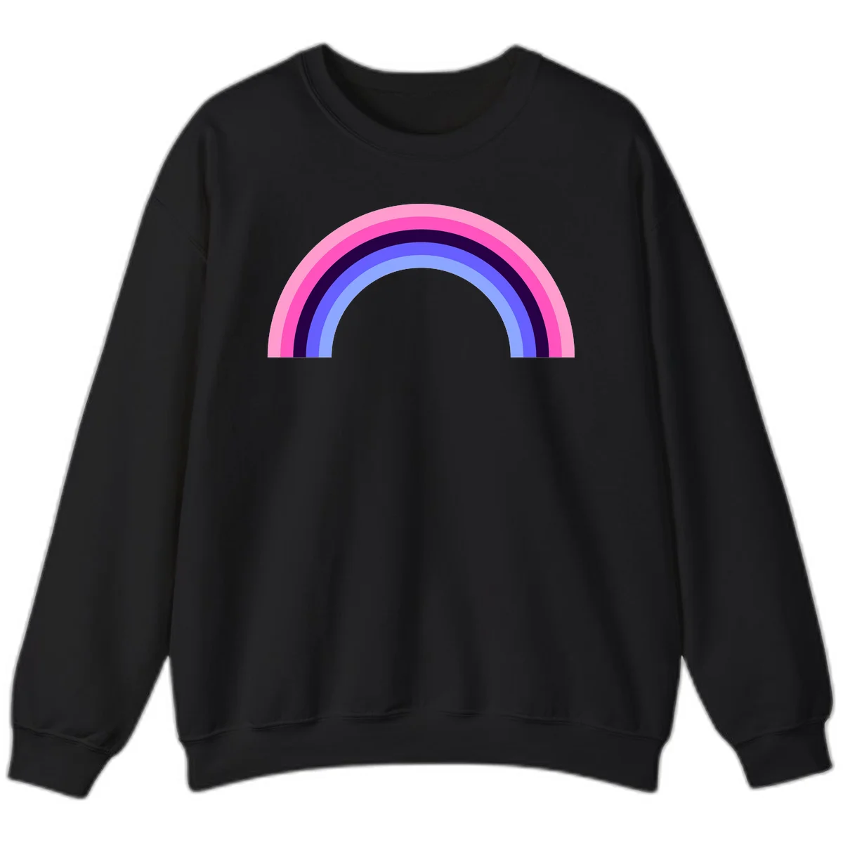Pastel rainbow arc with five concentric colored stripes in pink, navy, blue and light blue on gray background in Black