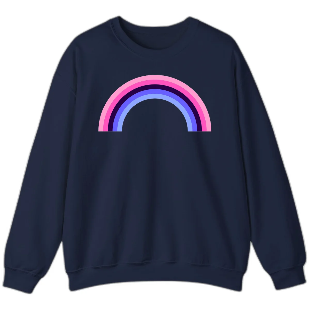 Pastel rainbow arc with five concentric colored stripes in pink, navy, blue and light blue on gray background in Navy