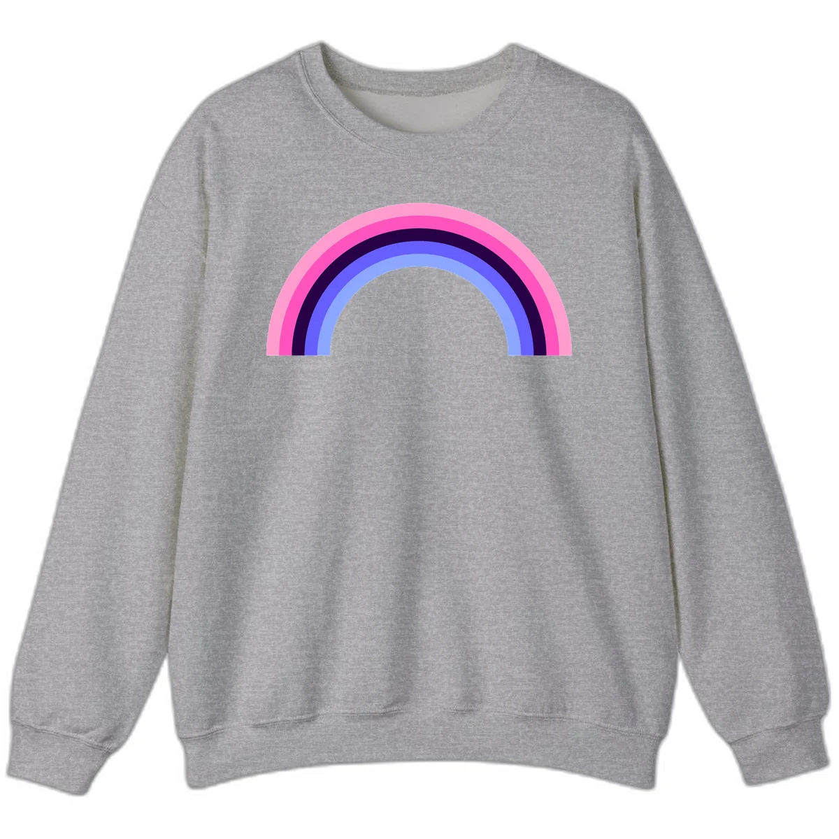 Pastel rainbow arc with five concentric colored stripes in pink, navy, blue and light blue on gray background in Sport Grey