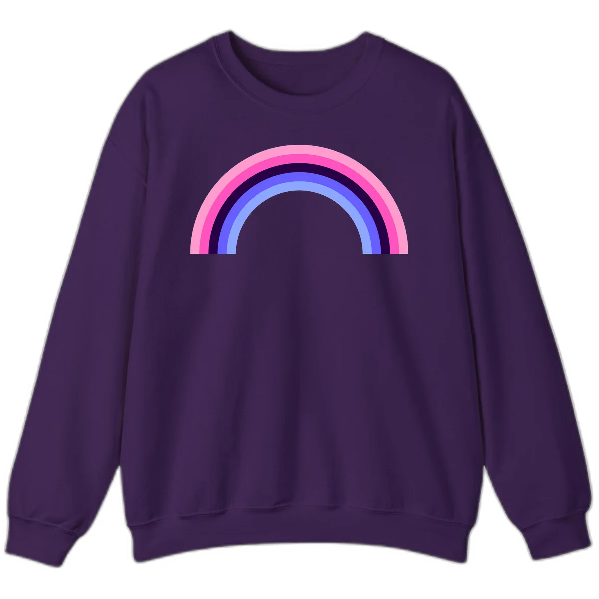 Pastel rainbow arc with five concentric colored stripes in pink, navy, blue and light blue on gray background in Purple