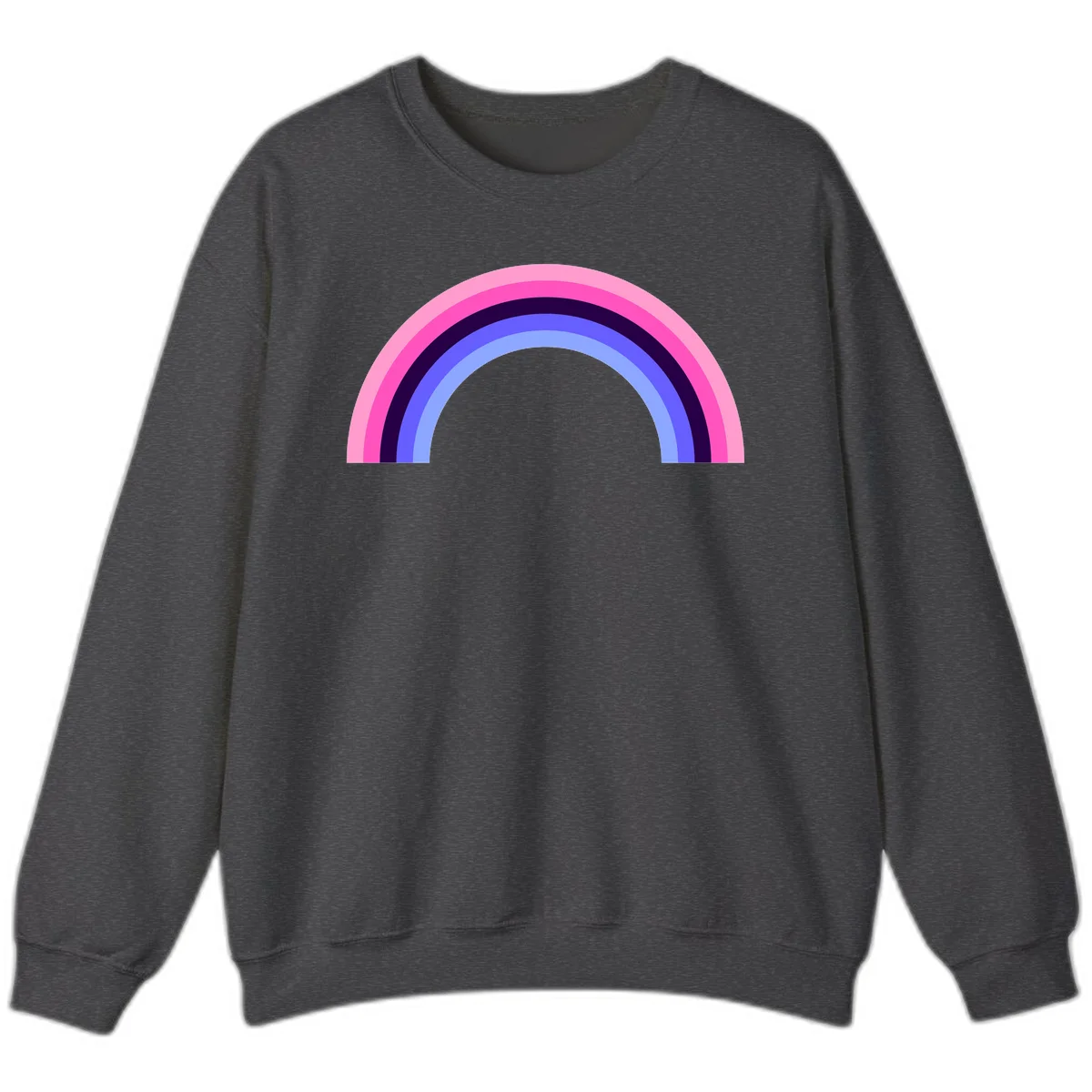 Pastel rainbow arc with five concentric colored stripes in pink, navy, blue and light blue on gray background in Dark Heather