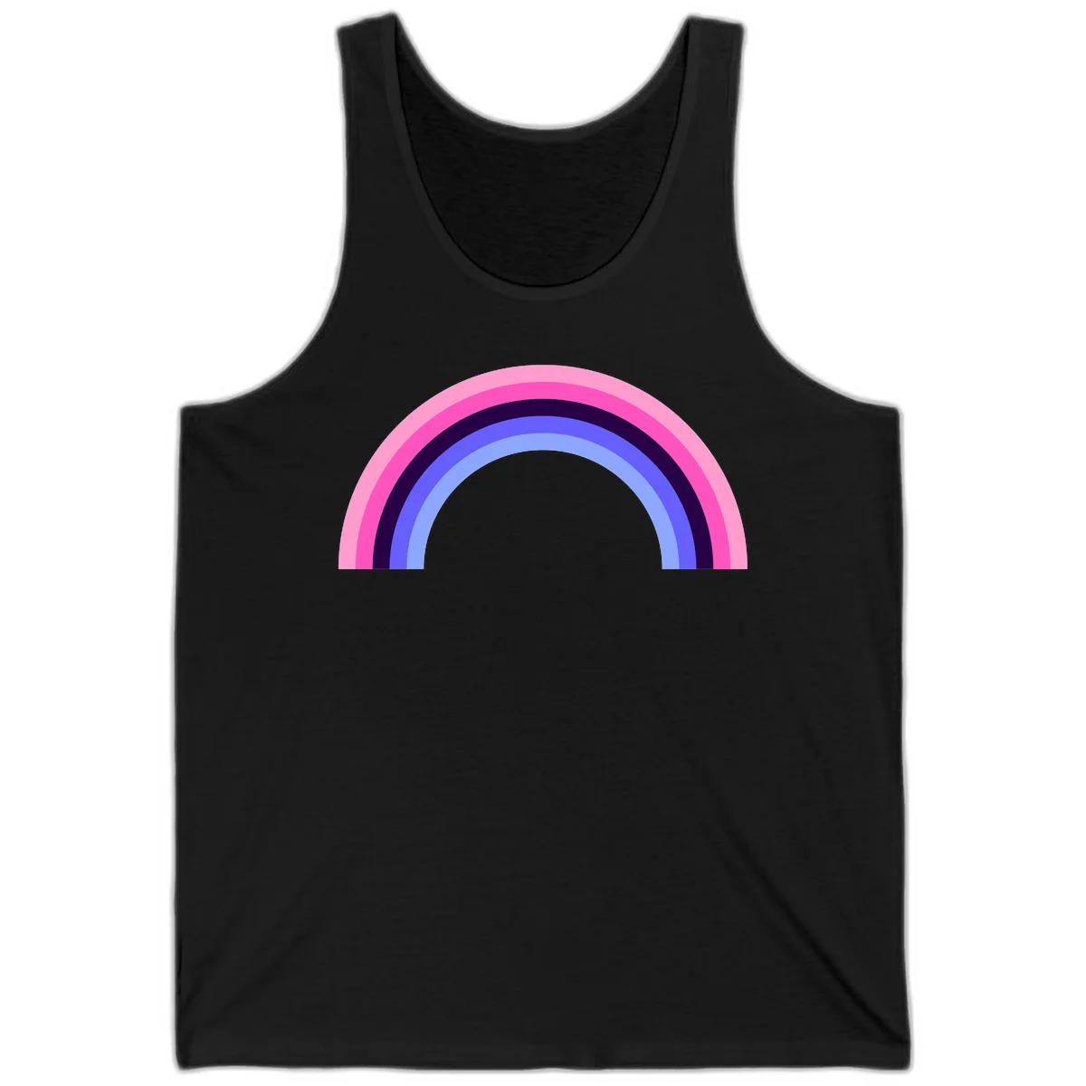 Pastel rainbow arc with five concentric colored stripes in pink, navy, blue and light blue on gray background in Black