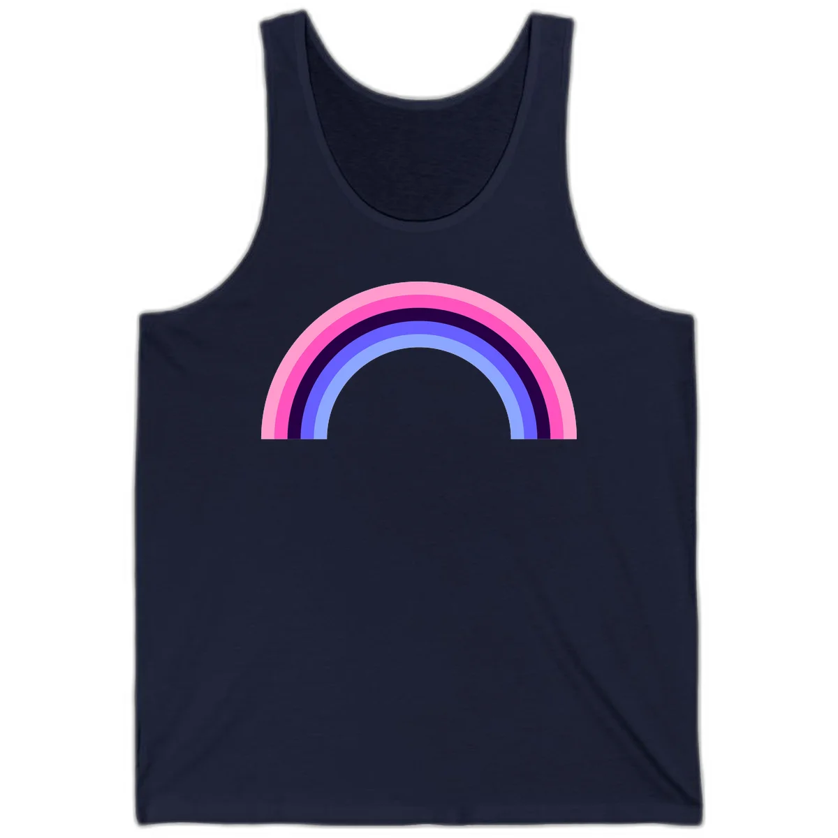 Pastel rainbow arc with five concentric colored stripes in pink, navy, blue and light blue on gray background in Navy