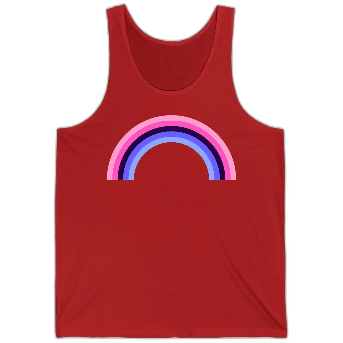 Pastel rainbow arc with five concentric colored stripes in pink, navy, blue and light blue on gray background in Red