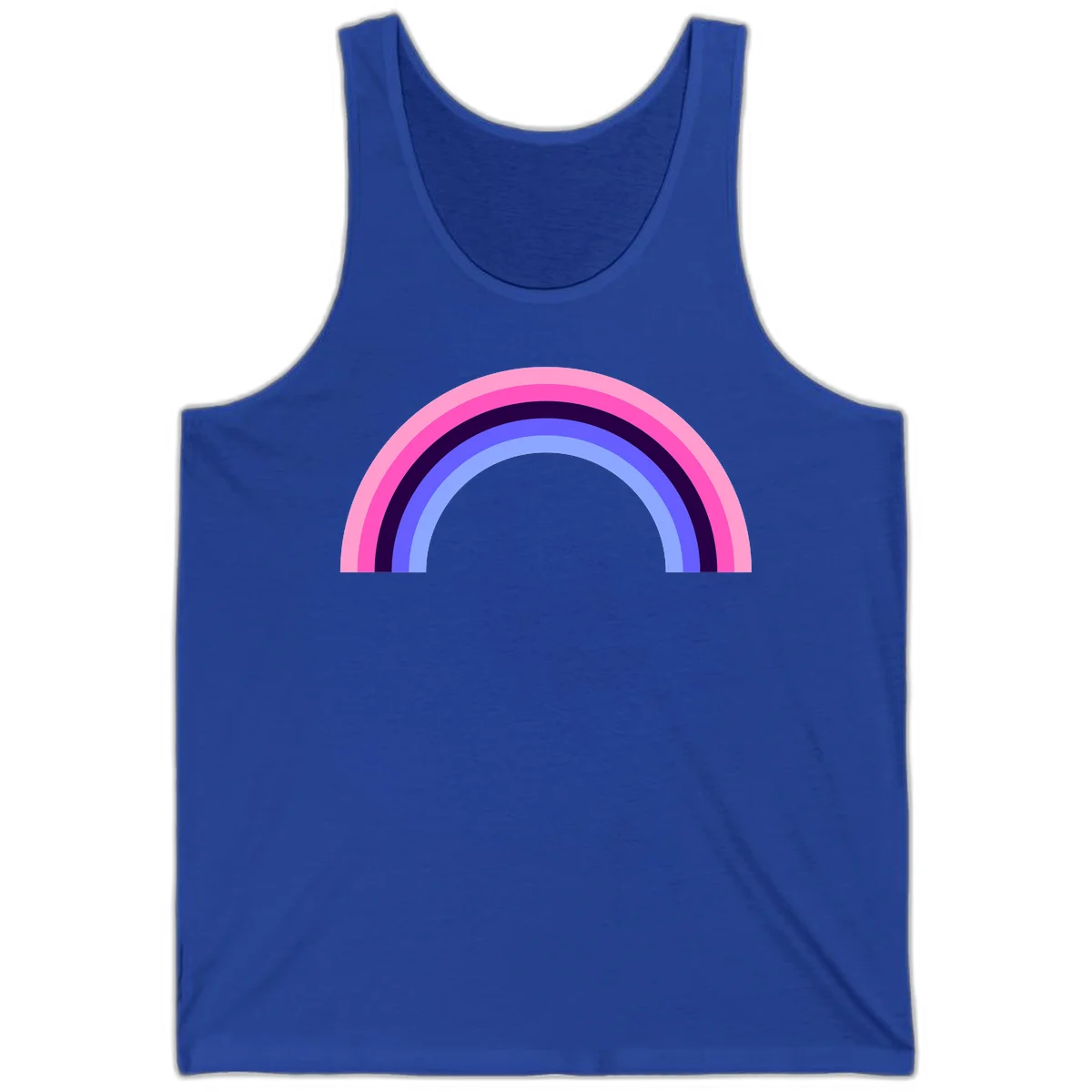 Pastel rainbow arc with five concentric colored stripes in pink, navy, blue and light blue on gray background in True Royal