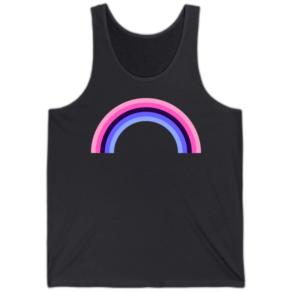 Pastel rainbow arc with five concentric colored stripes in pink, navy, blue and light blue on gray background in Dark Grey