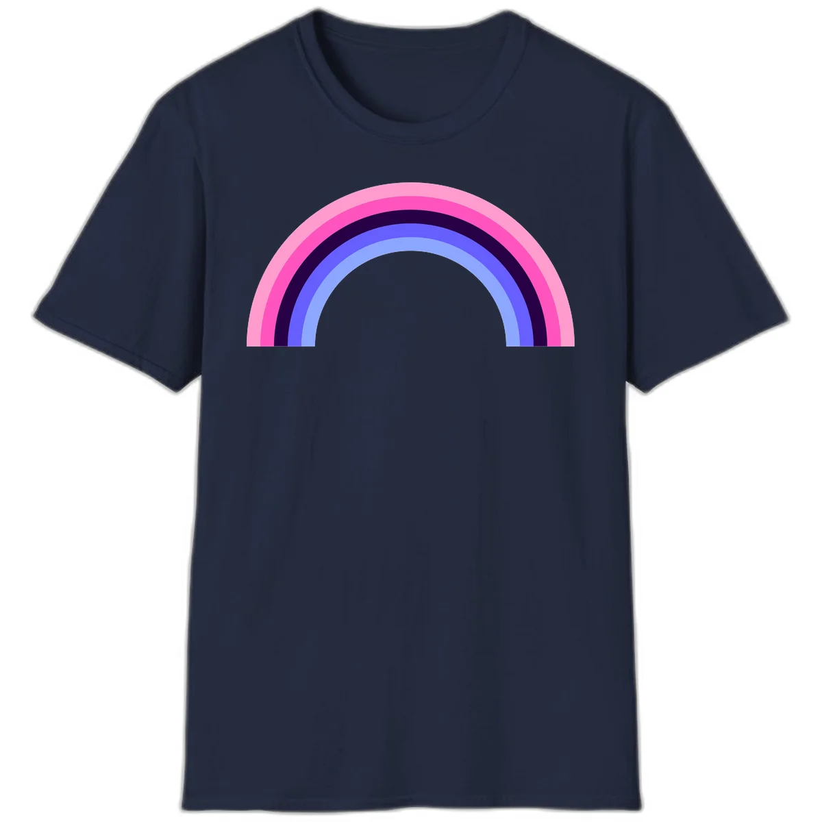 Pastel rainbow arc with five concentric colored stripes in pink, navy, blue and light blue on gray background in Navy