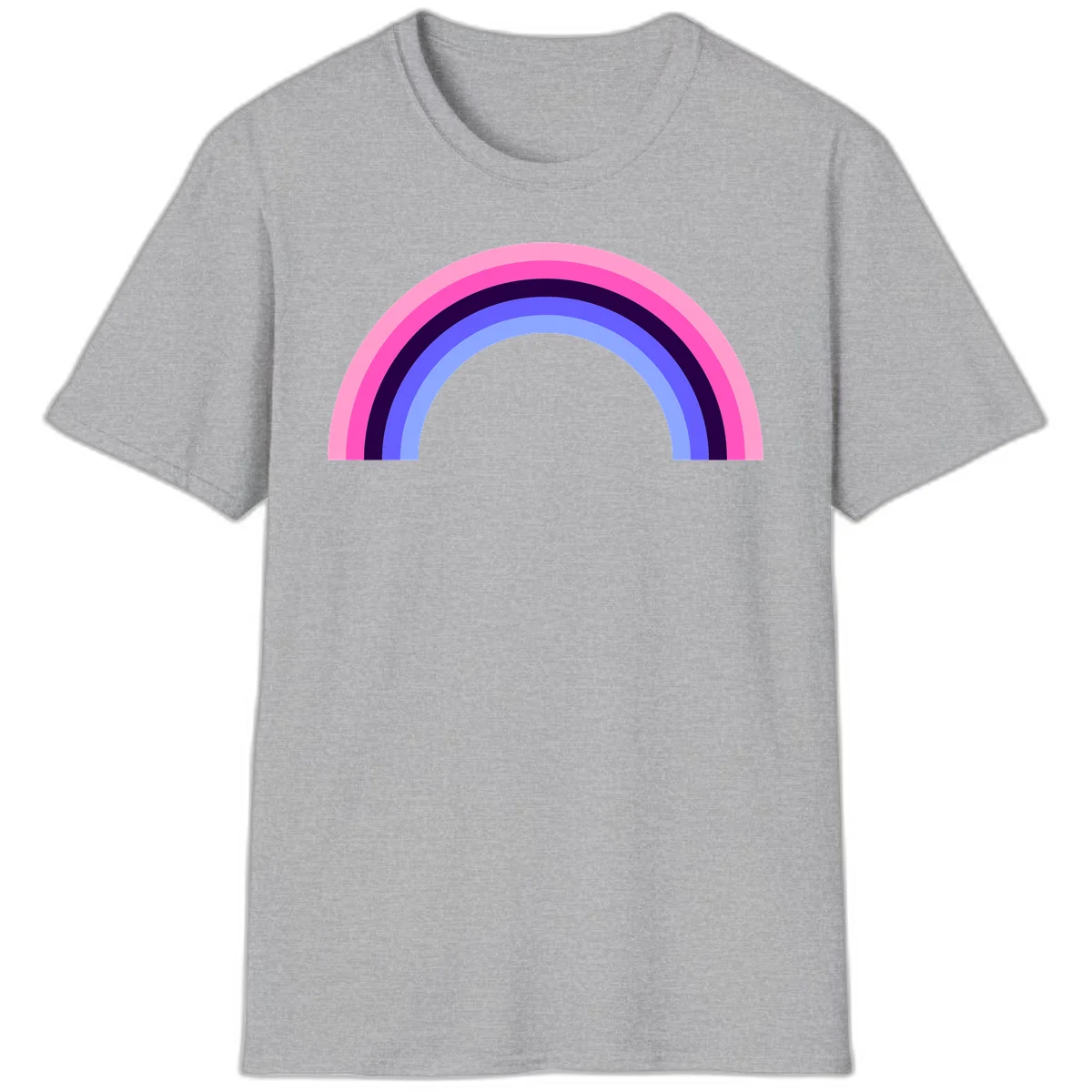 Pastel rainbow arc with five concentric colored stripes in pink, navy, blue and light blue on gray background in Sport Grey