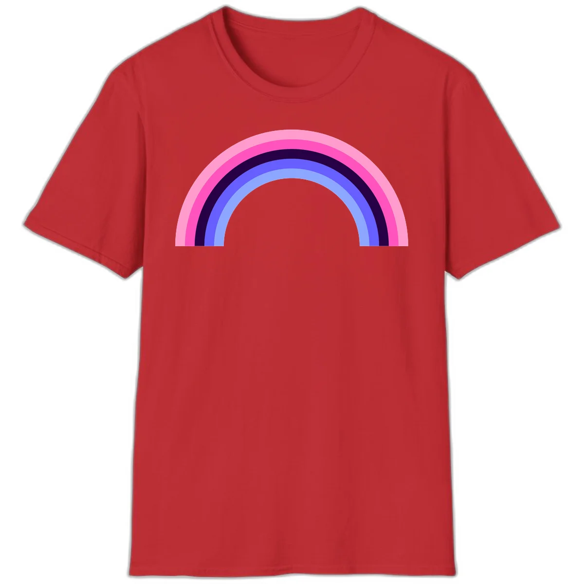 Pastel rainbow arc with five concentric colored stripes in pink, navy, blue and light blue on gray background in Red