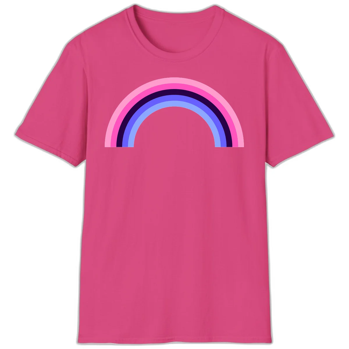 Pastel rainbow arc with five concentric colored stripes in pink, navy, blue and light blue on gray background in Heliconia