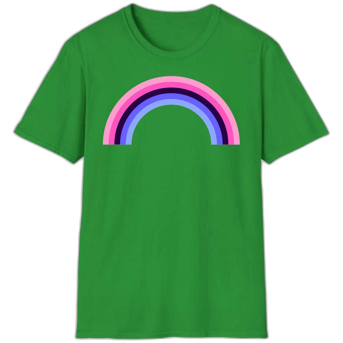 Pastel rainbow arc with five concentric colored stripes in pink, navy, blue and light blue on gray background in Irish Green