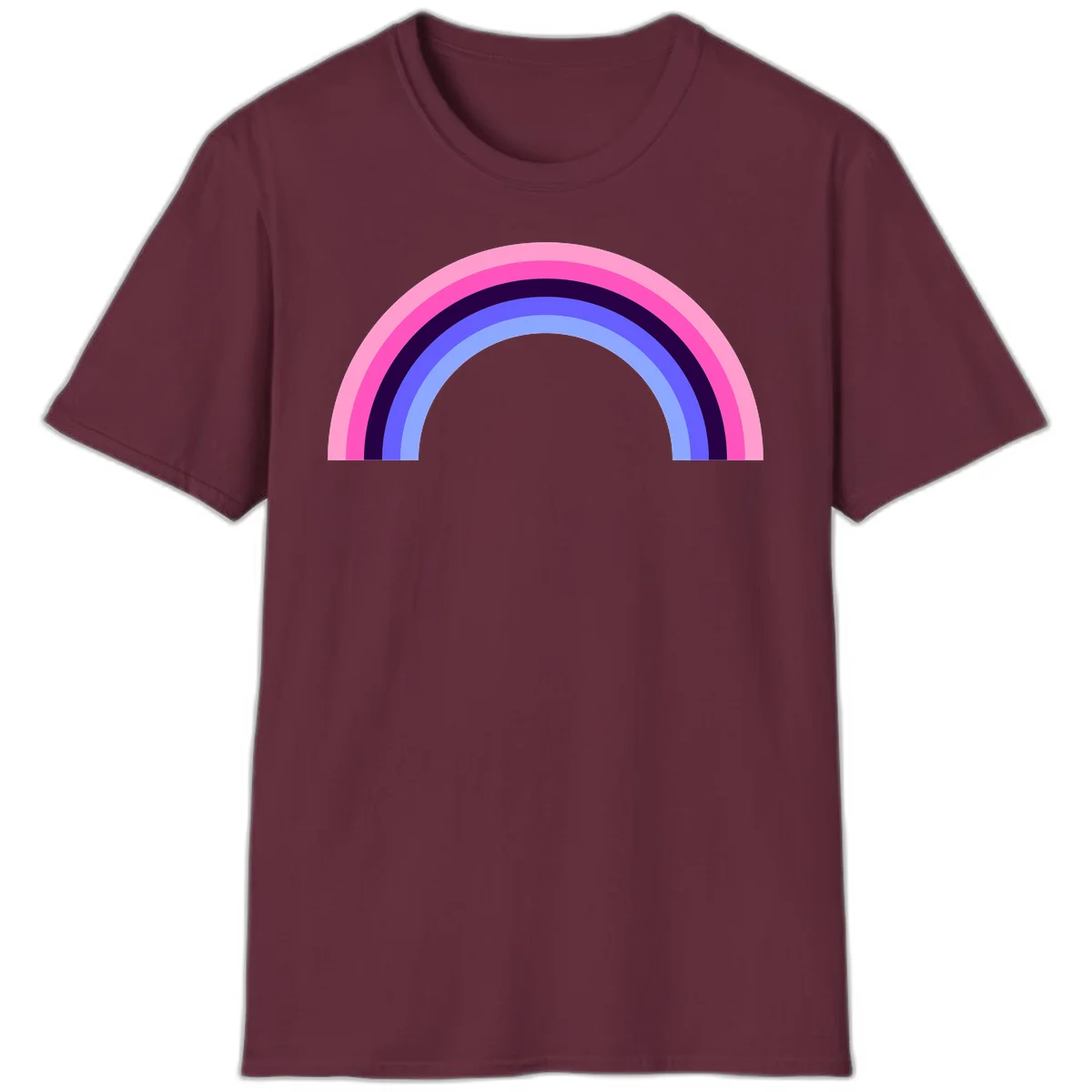 Pastel rainbow arc with five concentric colored stripes in pink, navy, blue and light blue on gray background in Maroon